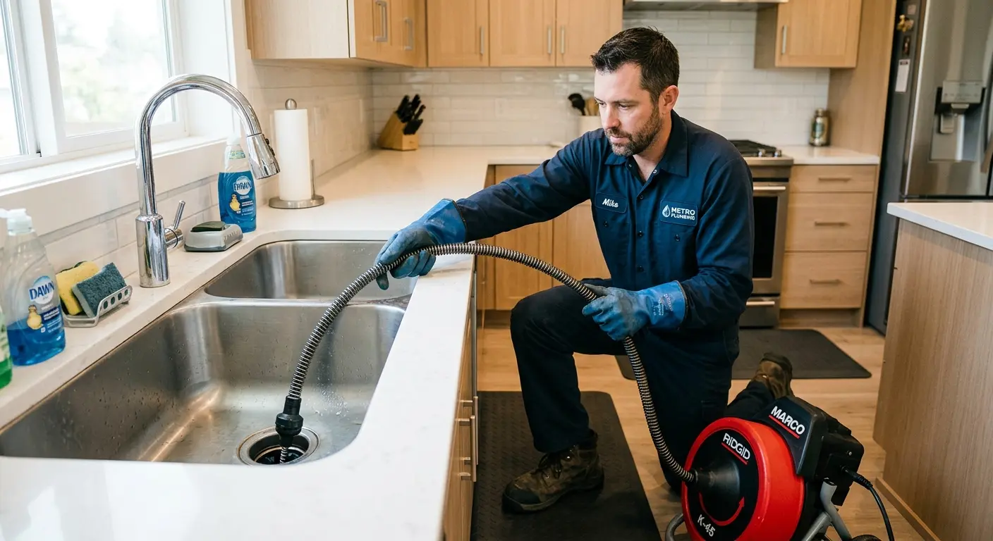 Drain cleaning technician using a motorized snake on a kitchen sink in Gardnerville Ranchos