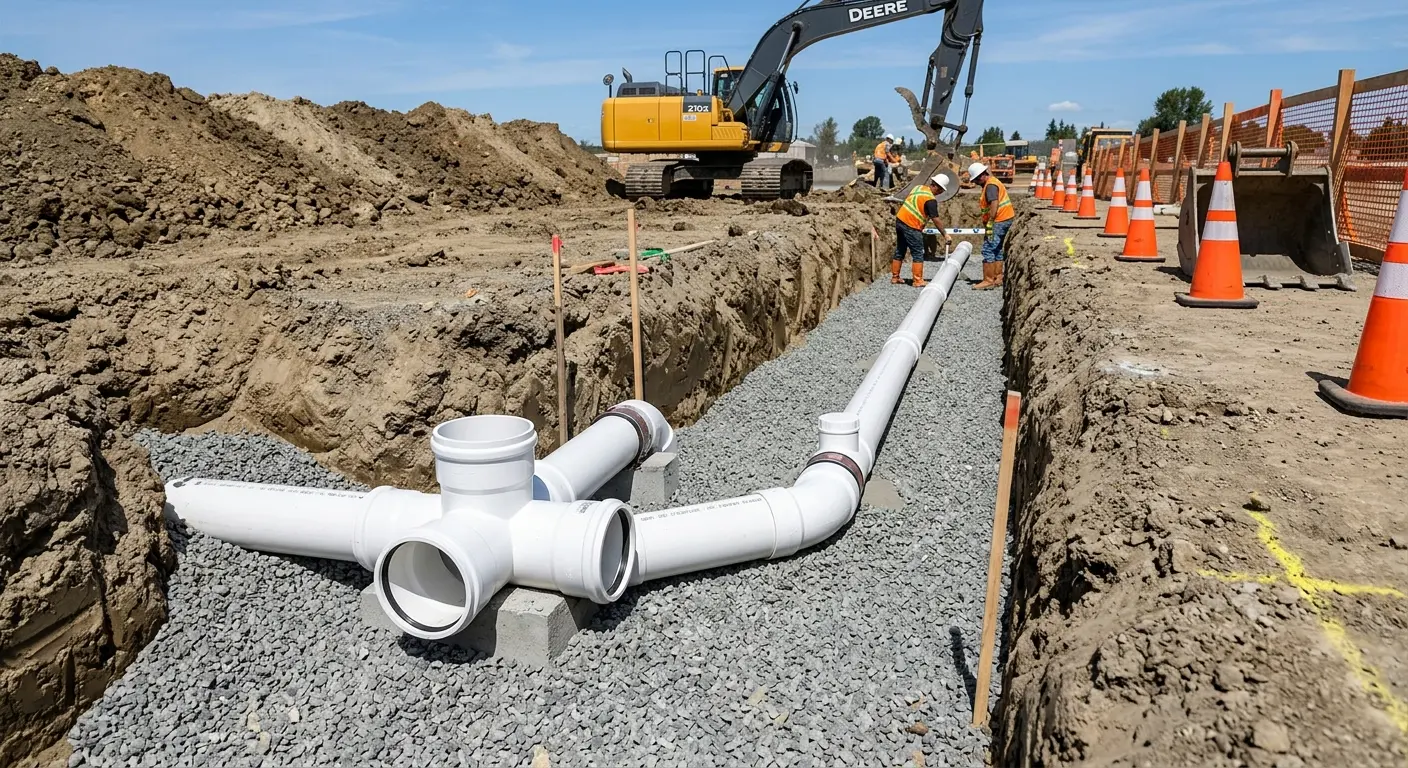 New PVC sewer pipe installation in open trench for Commercial Drain Cleaning in Gardnerville Ranchos