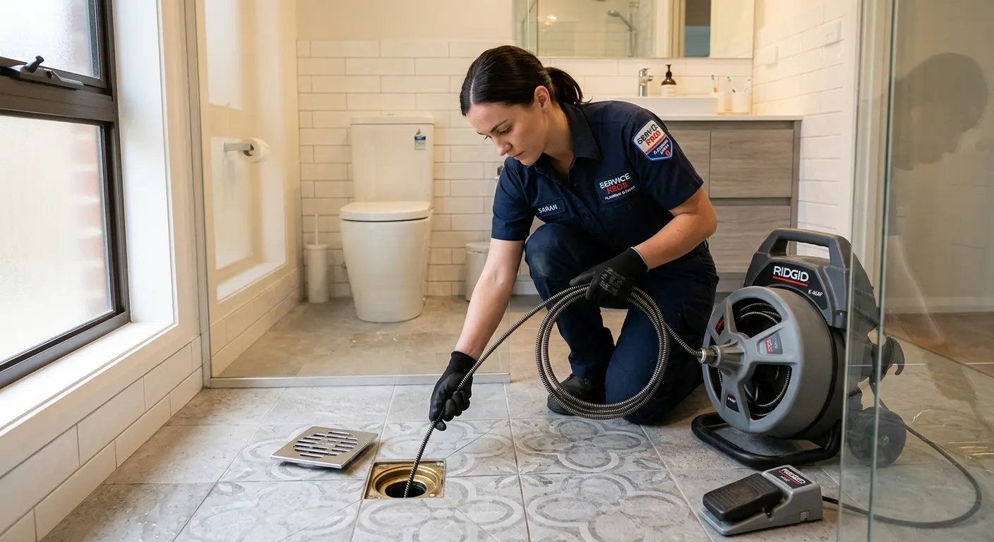 Technician clearing a bathroom floor drain for Sewer Line Replacement in Gardnerville Ranchos